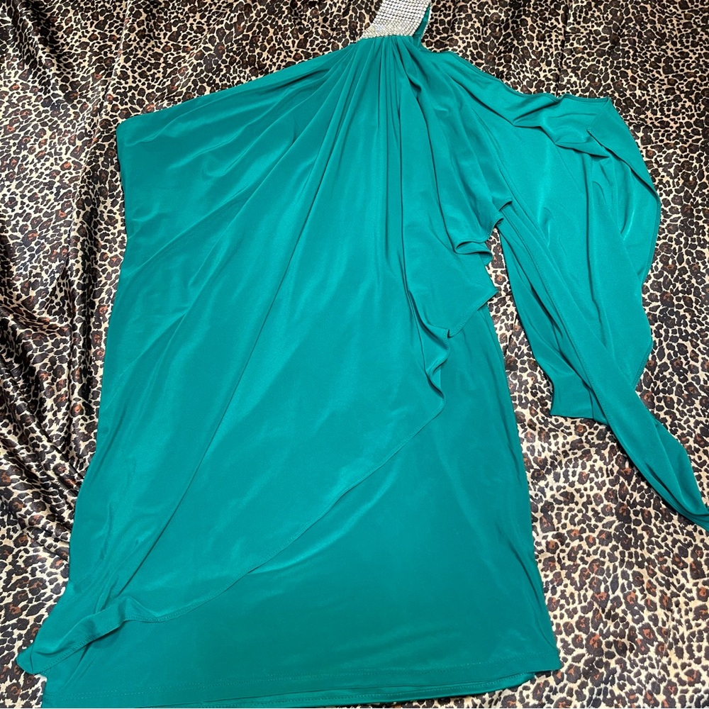 Cache One Shoulder Rhinestone Green Midi Dress